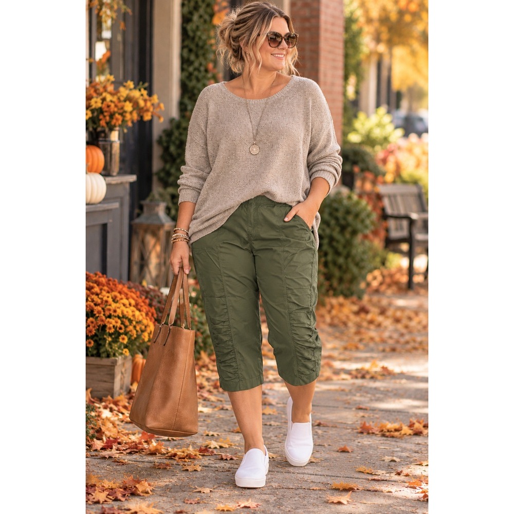 Wearables Core Green Capri Pants 2X Ruched Pull On Stretch Lagenlook